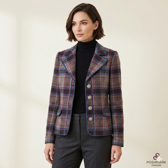 Tribal Jackets & Blazers - Tribal Grey Plaid Wool Blend Blazer Silver Crest Button Dark Academia Size 6